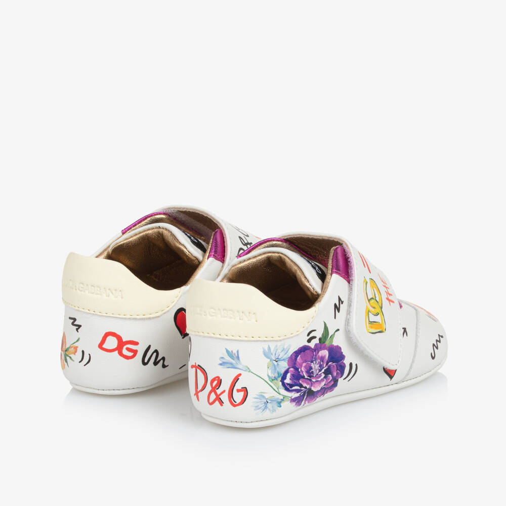 Dolce & Gabbana-Baby Girls White & Pink Floral Logo Leather Pre-Walkers | Childrensalon