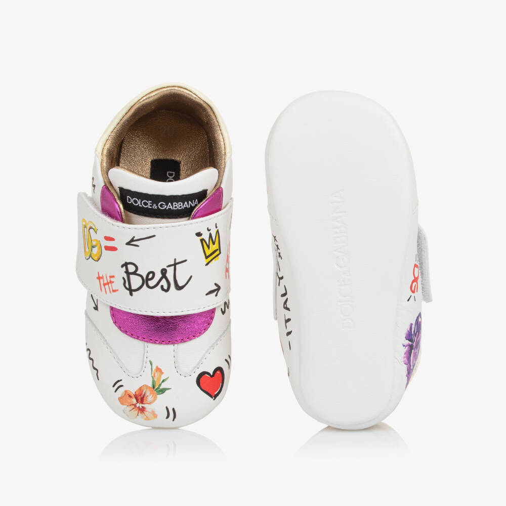 Dolce & Gabbana-Baby Girls White & Pink Floral Logo Leather Pre-Walkers | Childrensalon