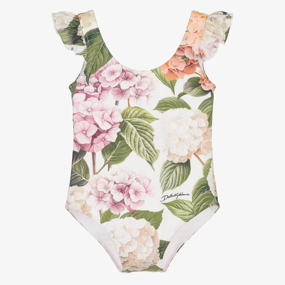 Dolce & Gabbana-Baby Girls White & Pink Hydrangea Print Swimsuit | Childrensalon