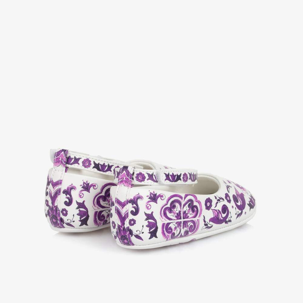 Dolce & Gabbana-Baby Girls White & Purple Majolica Leather Pre-Walker Pumps | Childrensalon