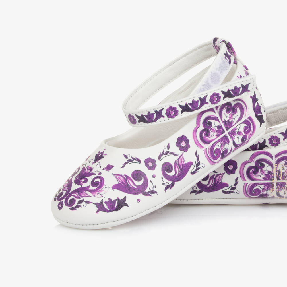 Dolce & Gabbana-Baby Girls White & Purple Majolica Leather Pre-Walker Pumps | Childrensalon