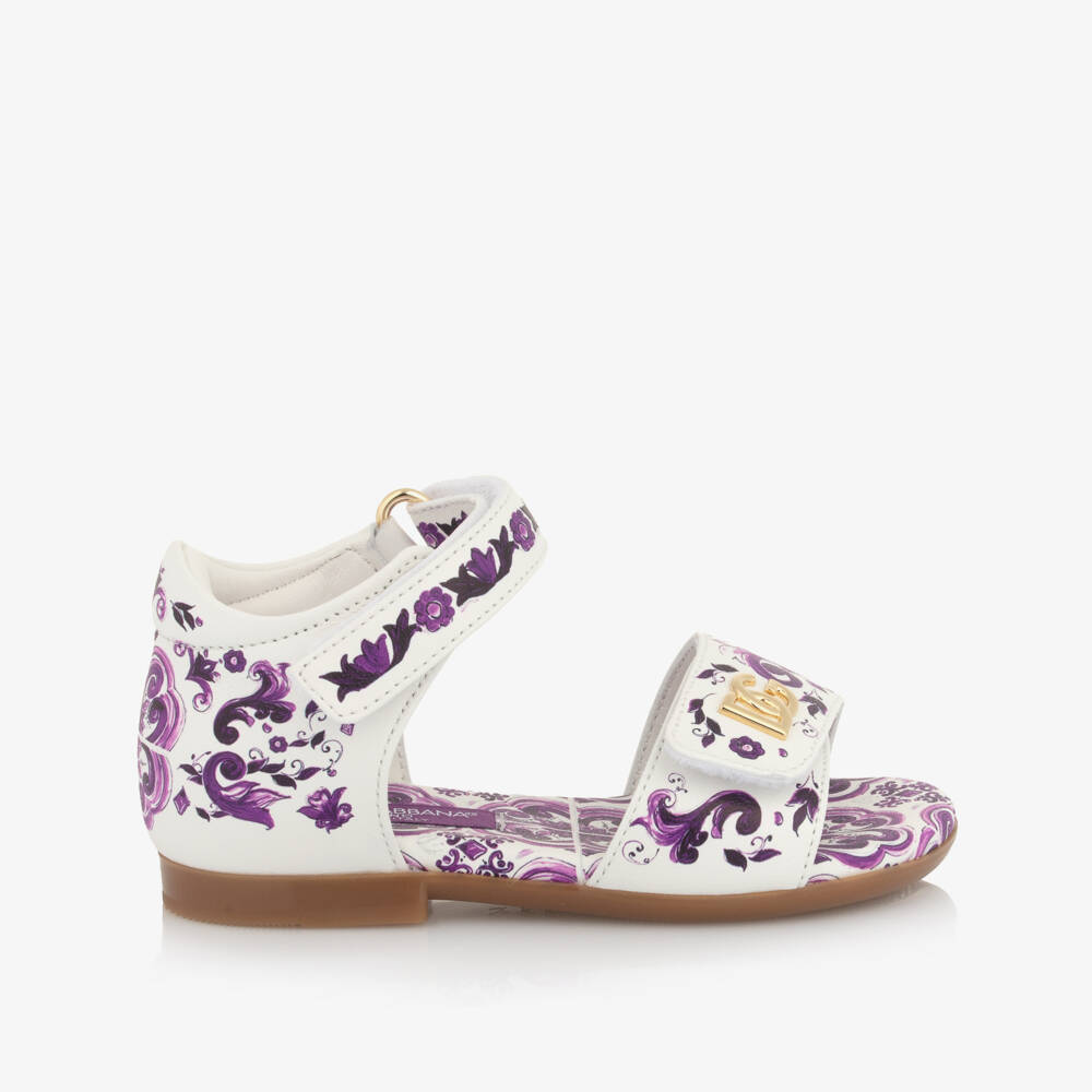 Dolce & Gabbana-Baby Girls White & Purple Majolica Print Leather Sandals | Childrensalon