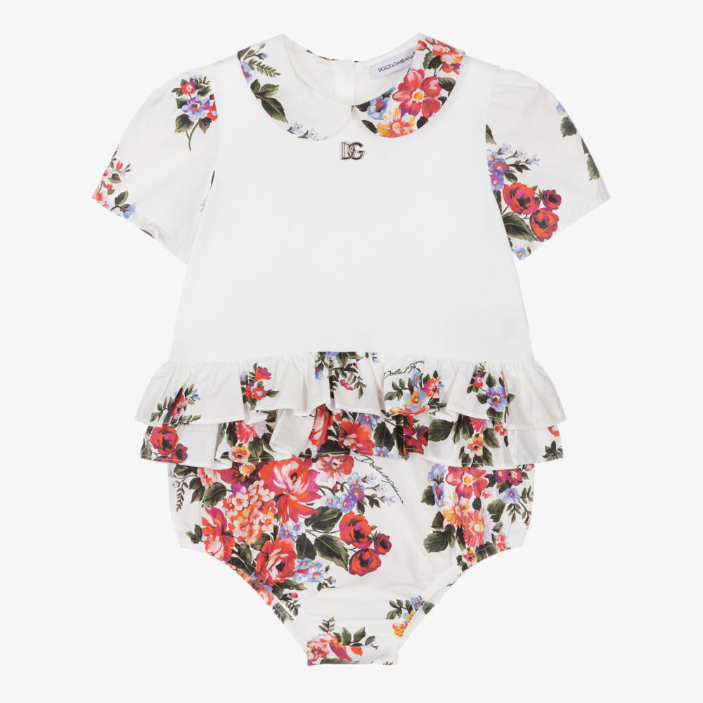 Dolce & Gabbana-Baby Girls White & Red Floral Cotton Shortie | Childrensalon
