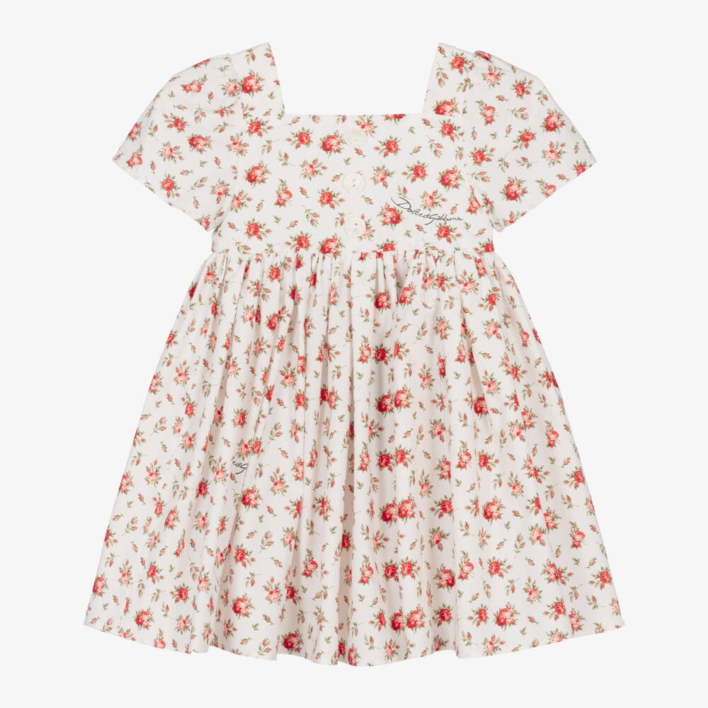 Dolce & Gabbana-Baby Girls White & Red Rose Print Cotton Dress | Childrensalon