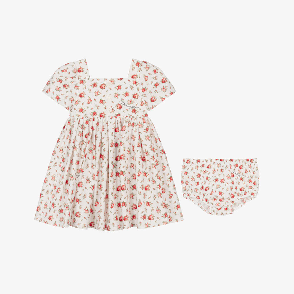 Dolce & Gabbana-Baby Girls White & Red Rose Print Cotton Dress | Childrensalon