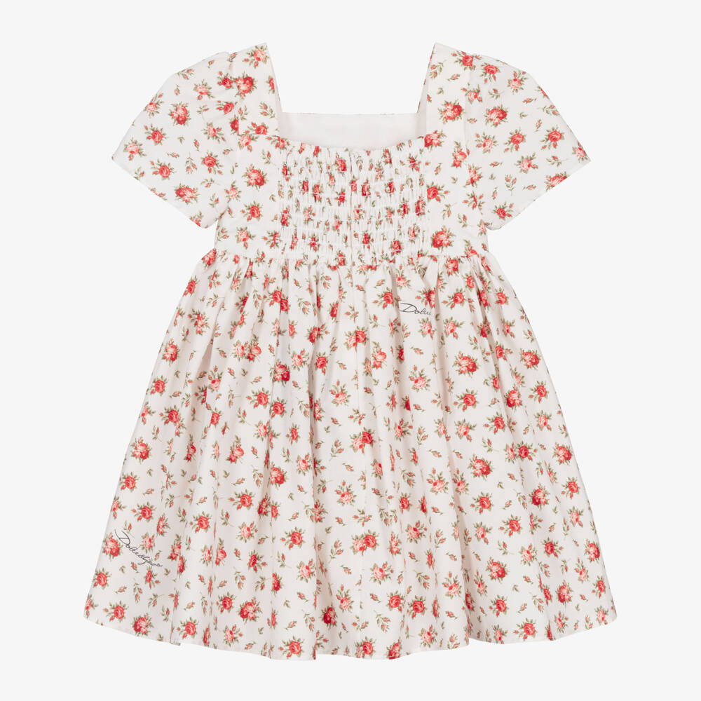Dolce & Gabbana-Baby Girls White & Red Rose Print Cotton Dress | Childrensalon