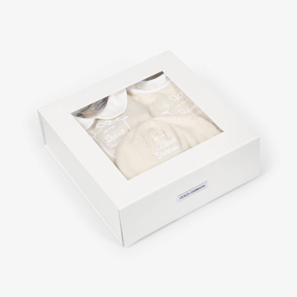 Dolce & Gabbana-Beige Cotton Jersey My First Babysuit Set | Childrensalon