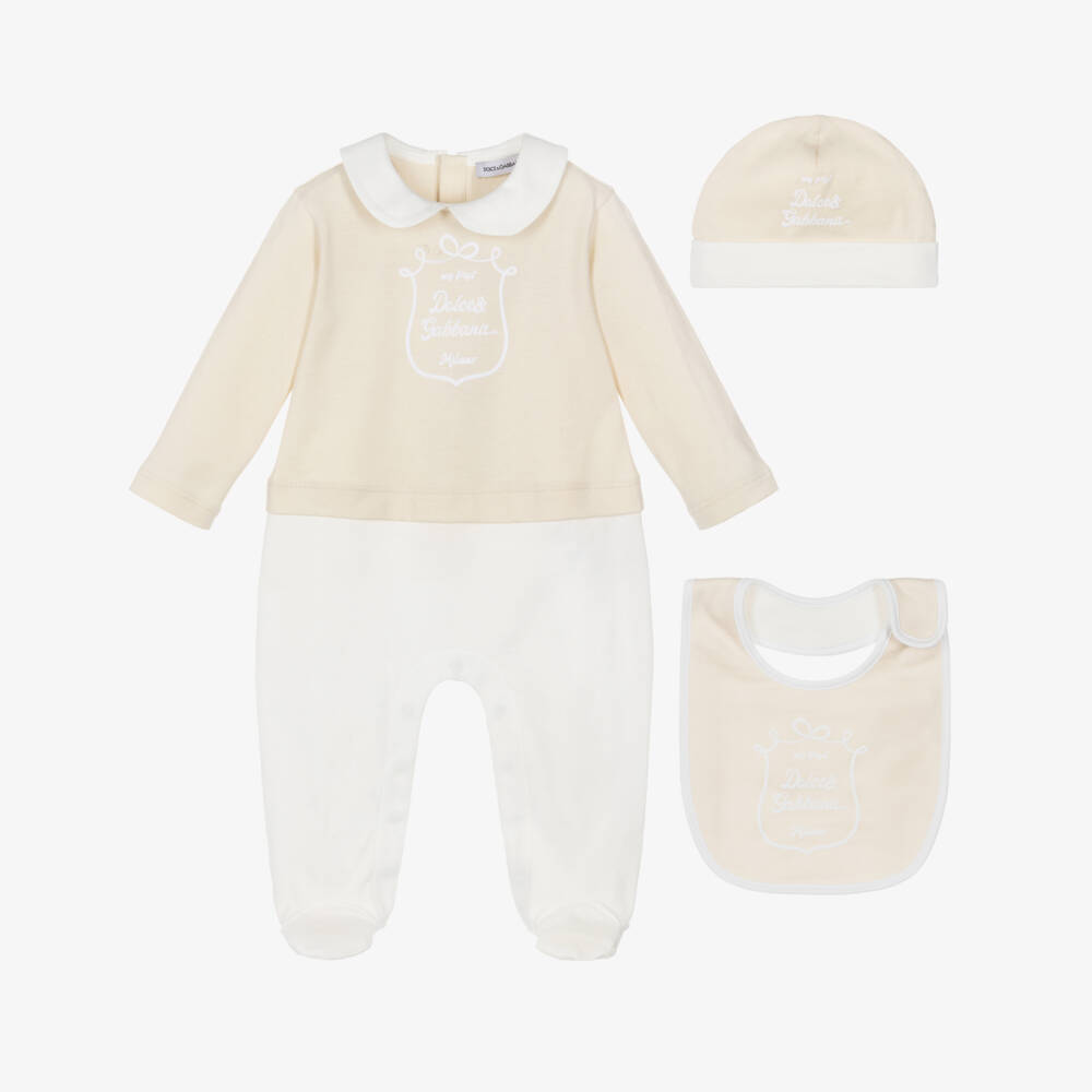 Dolce & Gabbana-Beige Cotton Jersey My First Babysuit Set | Childrensalon