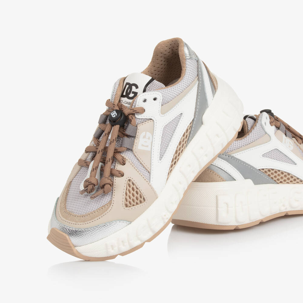 Dolce & Gabbana-Beige & Grey Mesh Trainers with Leather Trims | Childrensalon