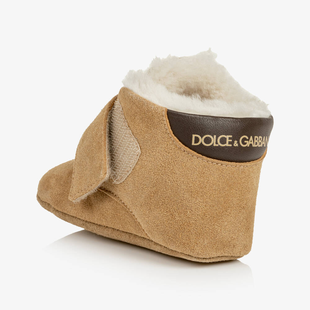 Dolce & Gabbana-Beige Suede Leather Pre-Walkers with Shearling Lining | Childrensalon