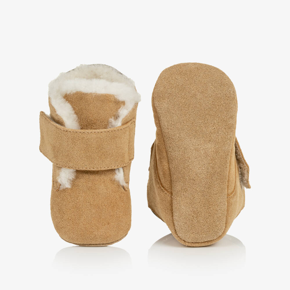 Dolce & Gabbana-Beige Suede Leather Pre-Walkers with Shearling Lining | Childrensalon