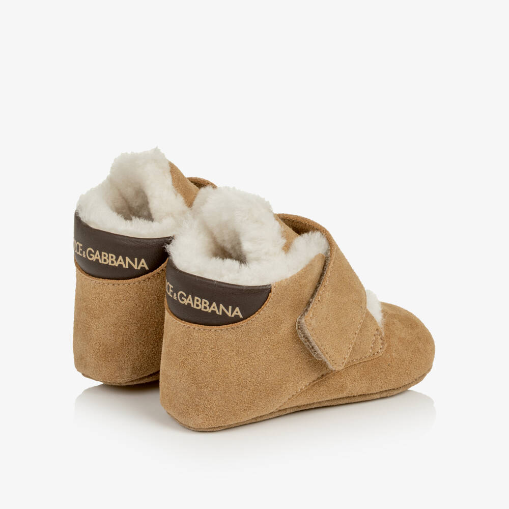 Dolce & Gabbana-Beige Suede Leather Pre-Walkers with Shearling Lining | Childrensalon