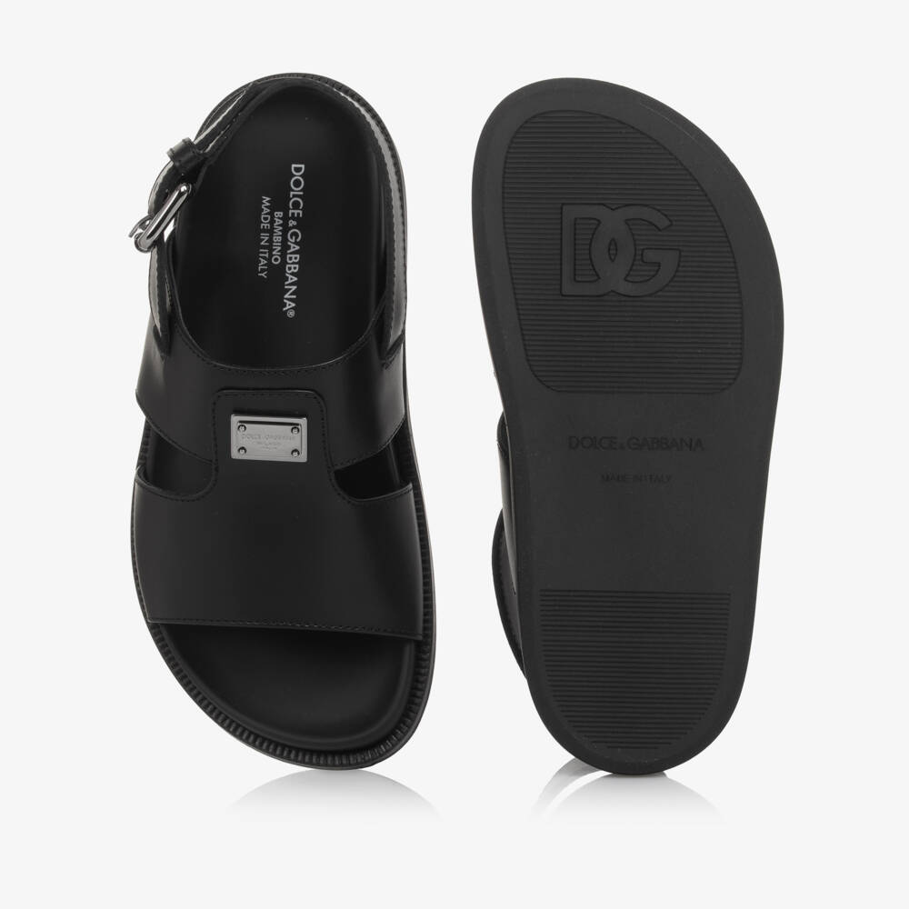 Dolce & Gabbana-Black Leather Buckle Sandals with Metal Logo Plaque | Childrensalon