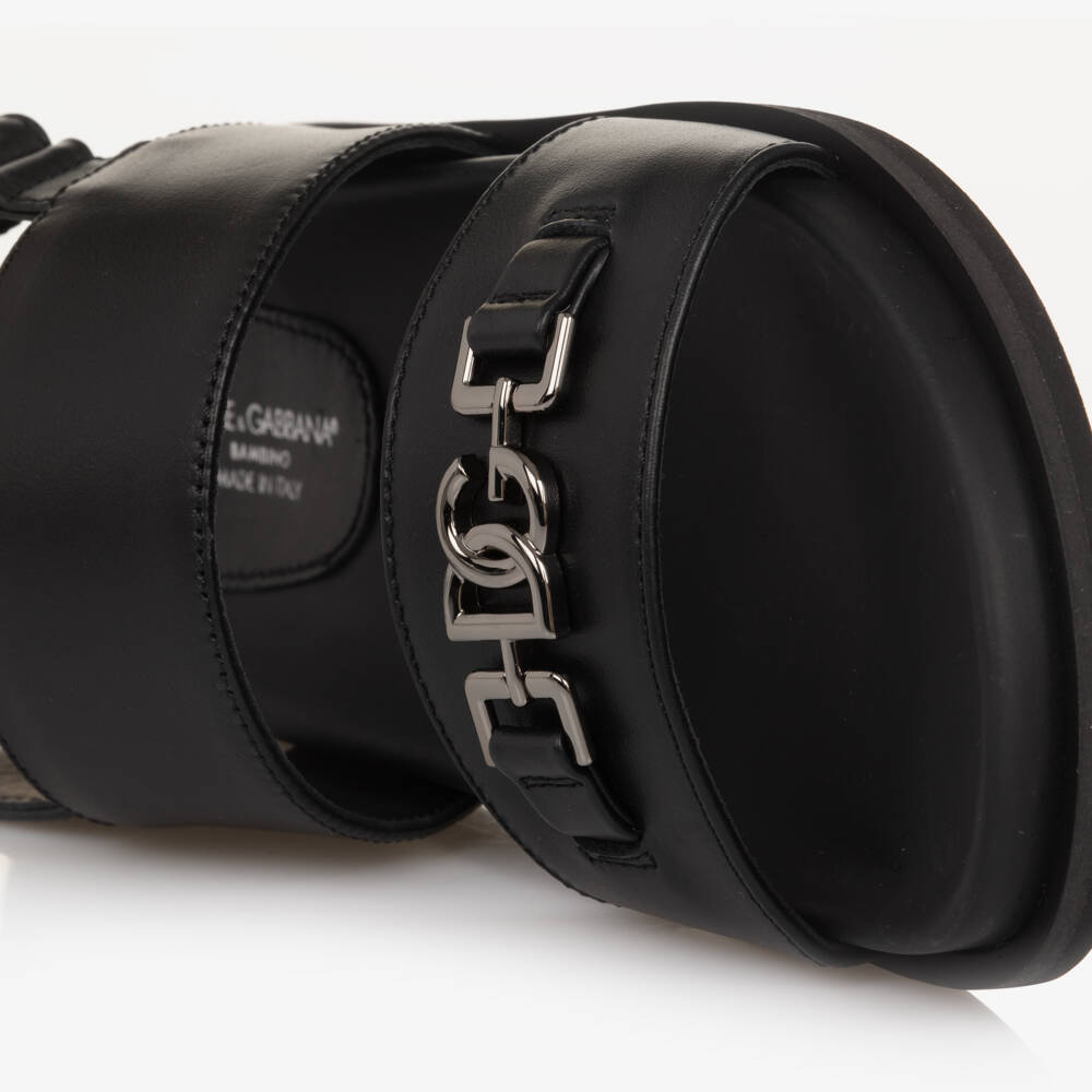 Dolce & Gabbana-Black Leather DG Velcro Sandals | Childrensalon