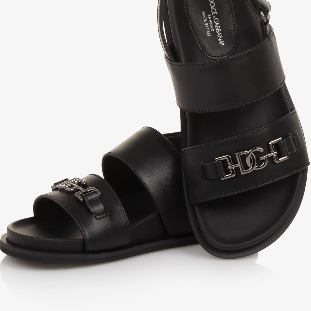 Dolce & Gabbana-Black Leather DG Velcro Sandals | Childrensalon