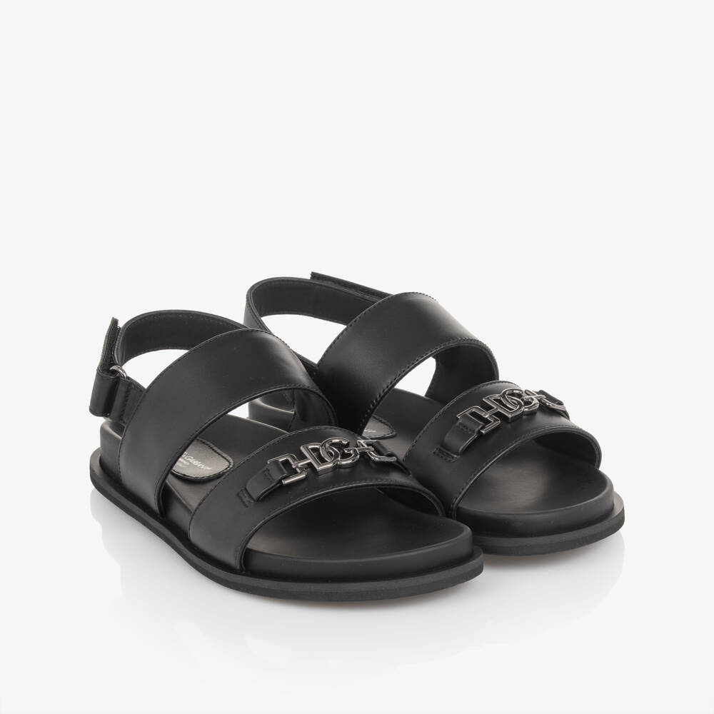 Dolce & Gabbana-Black Leather DG Velcro Sandals | Childrensalon