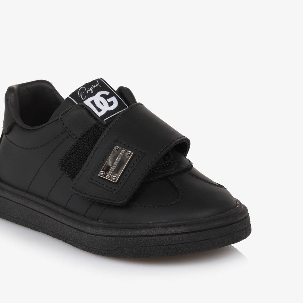 Dolce & Gabbana-Black Leather Logo Plate Velcro Trainers | Childrensalon