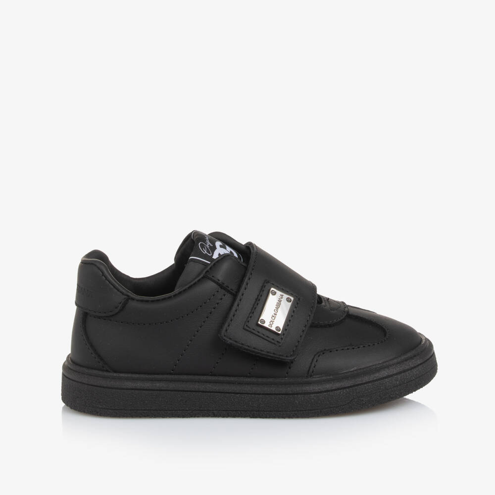 Dolce & Gabbana-Black Leather Logo Plate Velcro Trainers | Childrensalon