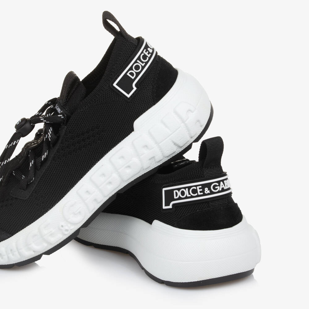 Dolce & Gabbana-Black & White Mesh Knit Logo Trainers | Childrensalon
