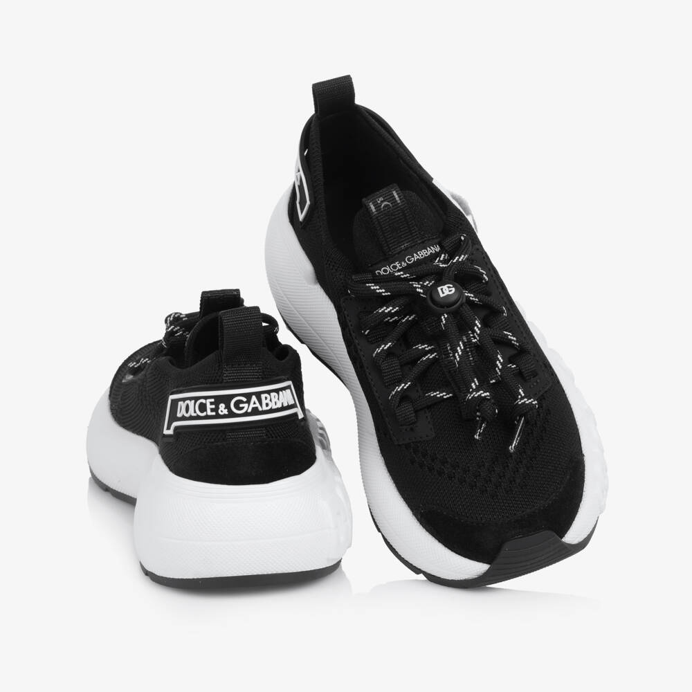 Dolce & Gabbana-Black & White Mesh Knit Logo Trainers | Childrensalon