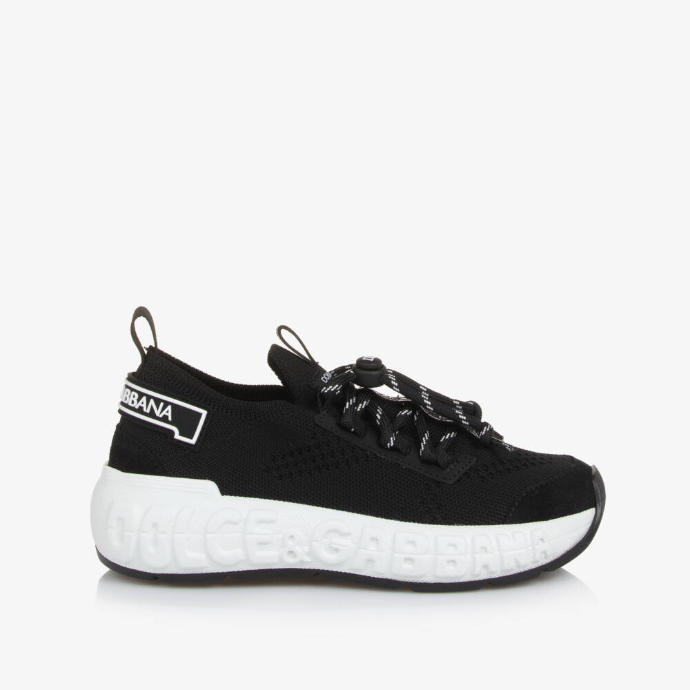 Dolce & Gabbana-Black & White Mesh Knit Logo Trainers | Childrensalon
