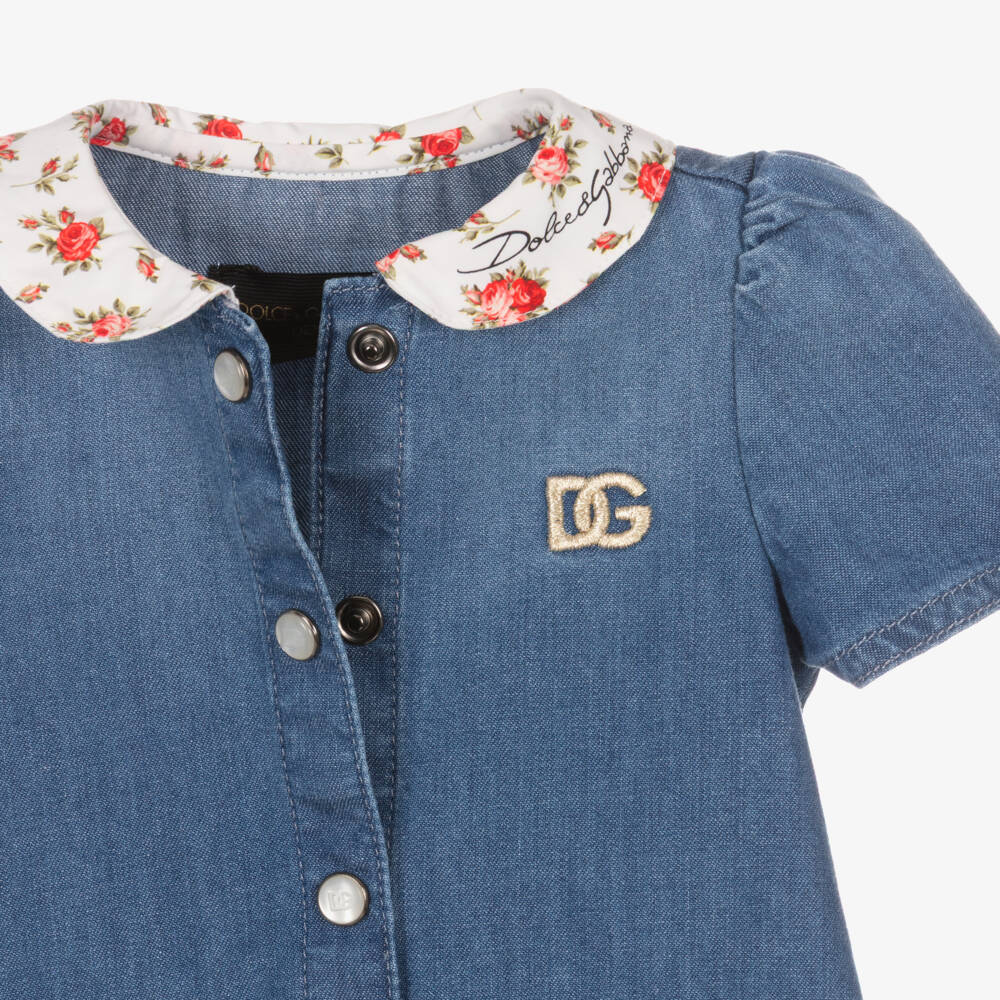 Dolce & Gabbana-Baby Girls Blue Chambray Dress with Floral Collar | Childrensalon