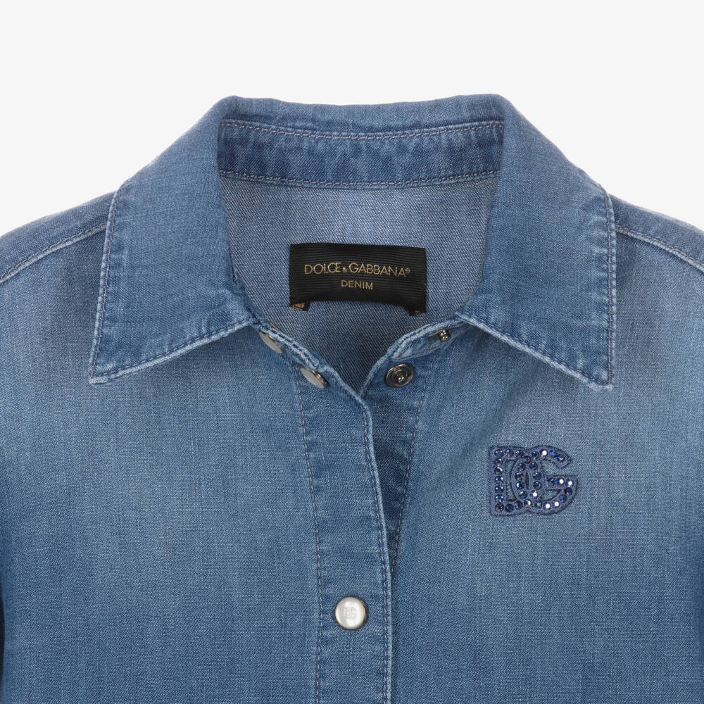Dolce & Gabbana-Girls Blue Chambray Dress with Sparkly DG Logo | Childrensalon