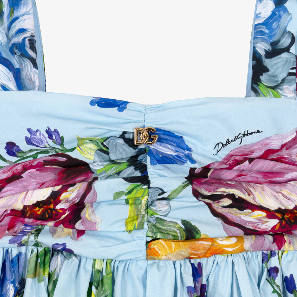 Dolce & Gabbana-Girls Blue Floral Print Cotton Poplin Dress | Childrensalon