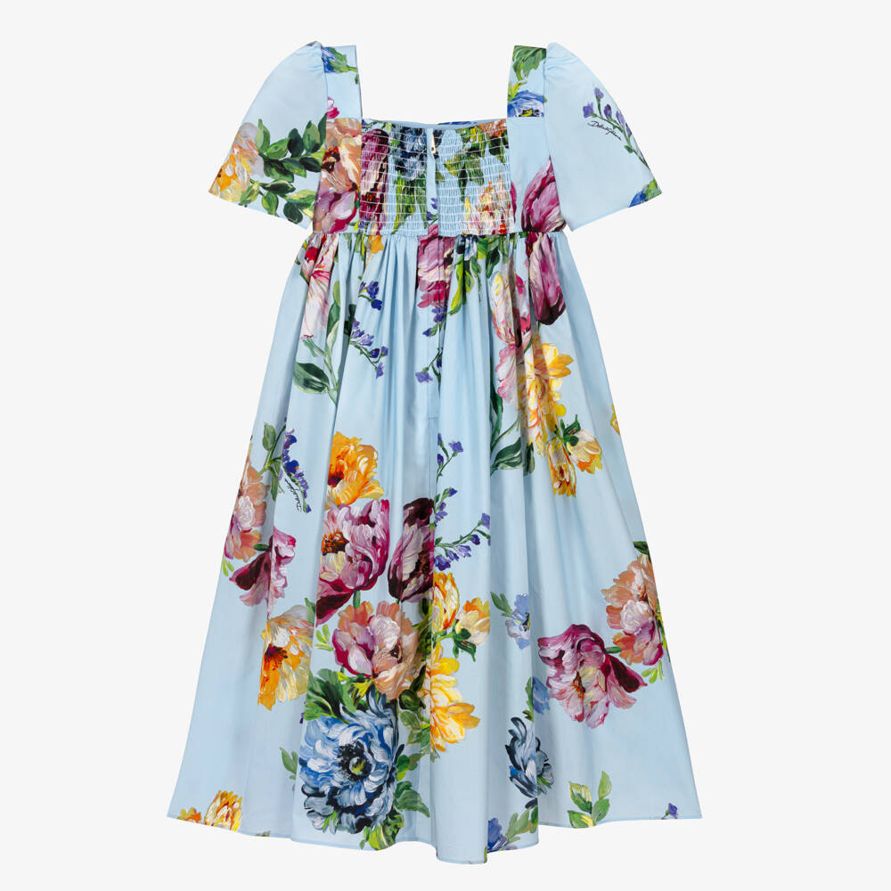 Dolce & Gabbana-Girls Blue Floral Print Cotton Poplin Dress | Childrensalon