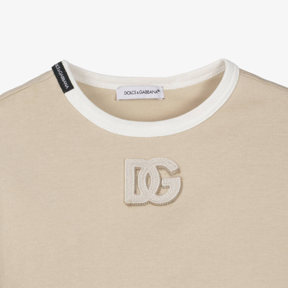Dolce & Gabbana-Boys Beige Cotton DG Appliqué T-Shirt | Childrensalon