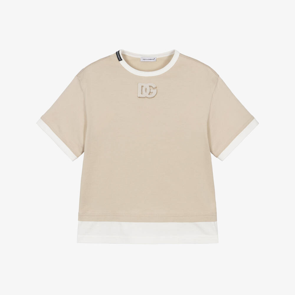 Dolce & Gabbana-Boys Beige Cotton DG Appliqué T-Shirt  | Childrensalon