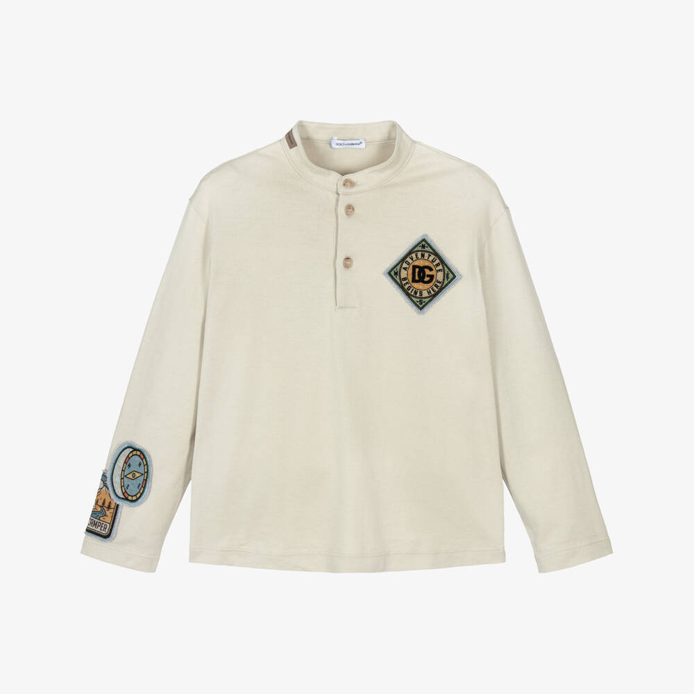 Dolce & Gabbana-قميص بشعار بوصلة قطن لون بيج للأولاد | Childrensalon