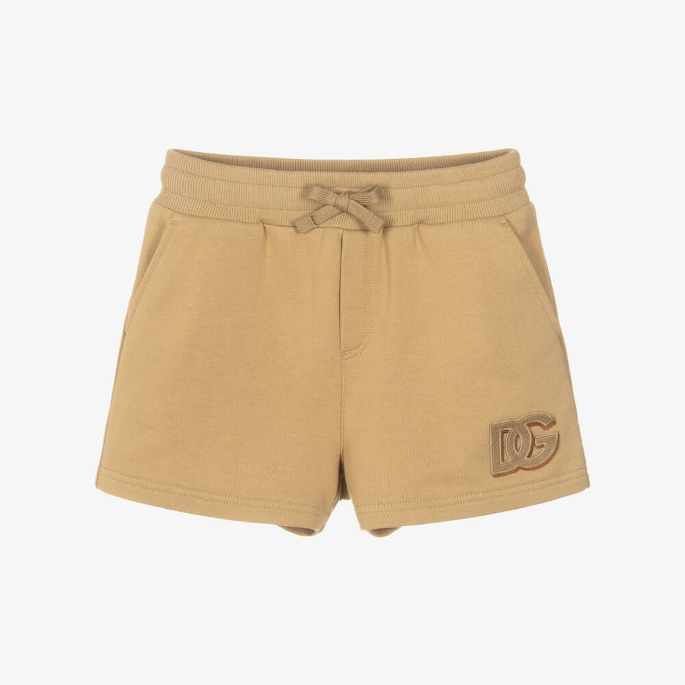 Dolce & Gabbana-Boys Beige Cotton Jersey Drawstring Shorts with 3D Logo | Childrensalon