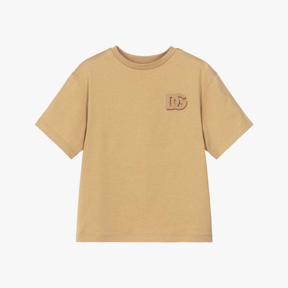 Dolce & Gabbana-Boys Beige Cotton Jersey T-Shirt with 3D Logo Patch | Childrensalon