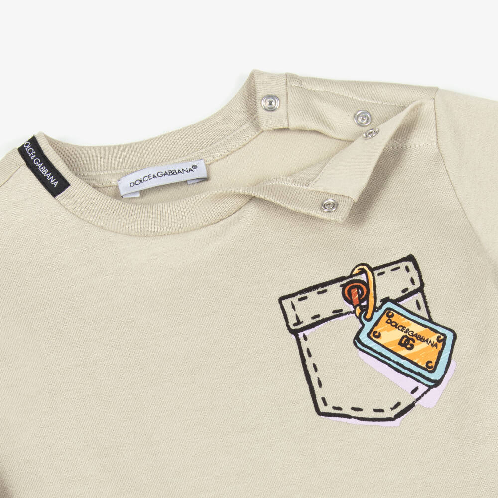 Dolce & Gabbana-Boys Beige Cotton Pocket Detail T-Shirt | Childrensalon