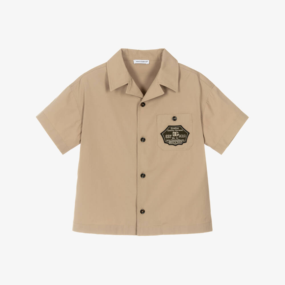 Dolce & Gabbana-Boys Beige Cotton Shirt with Logo Patch Pocket | Childrensalon