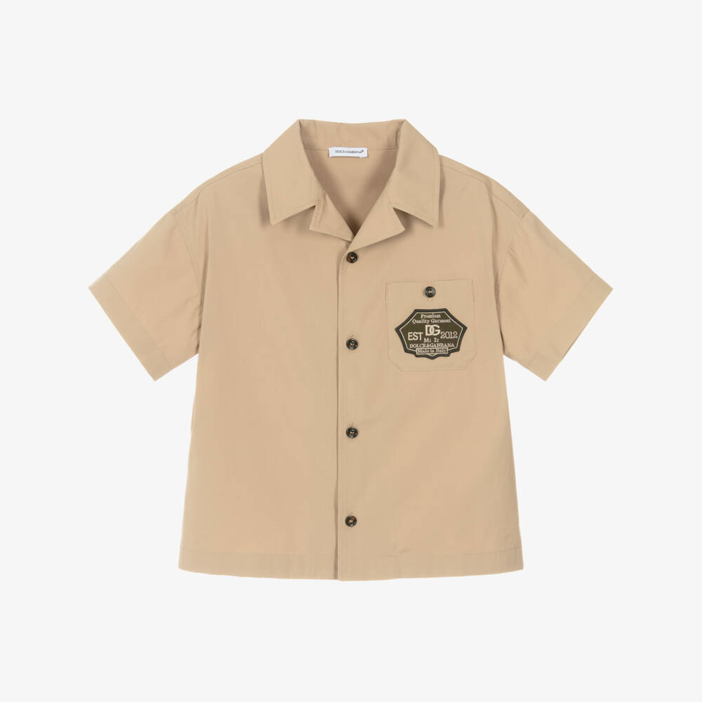 Dolce & Gabbana-Boys Beige Cotton Shirt with Logo Patch Pocket | Childrensalon