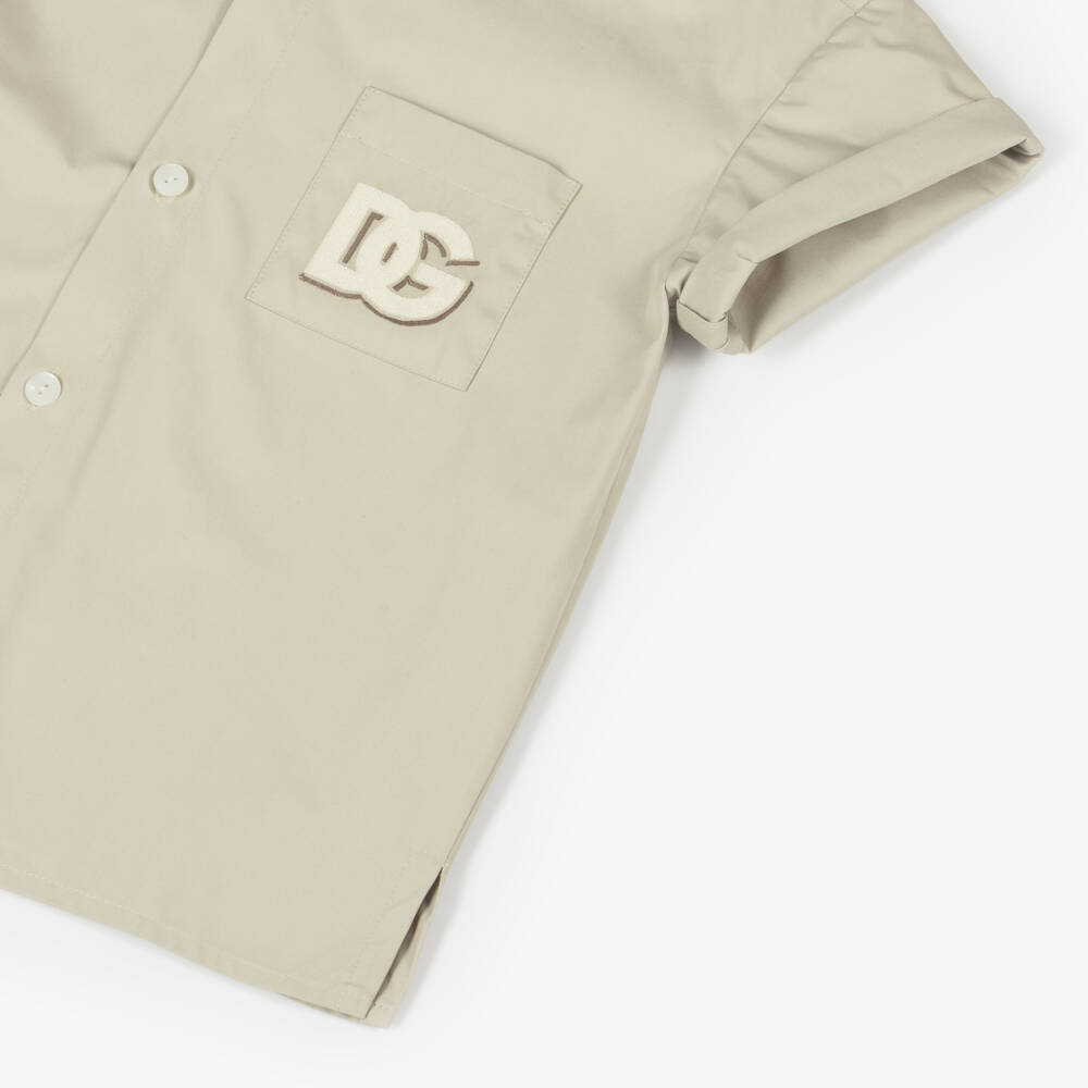 Dolce & Gabbana-Boys Beige DG Logo Short-Sleeved Cotton Shirt | Childrensalon