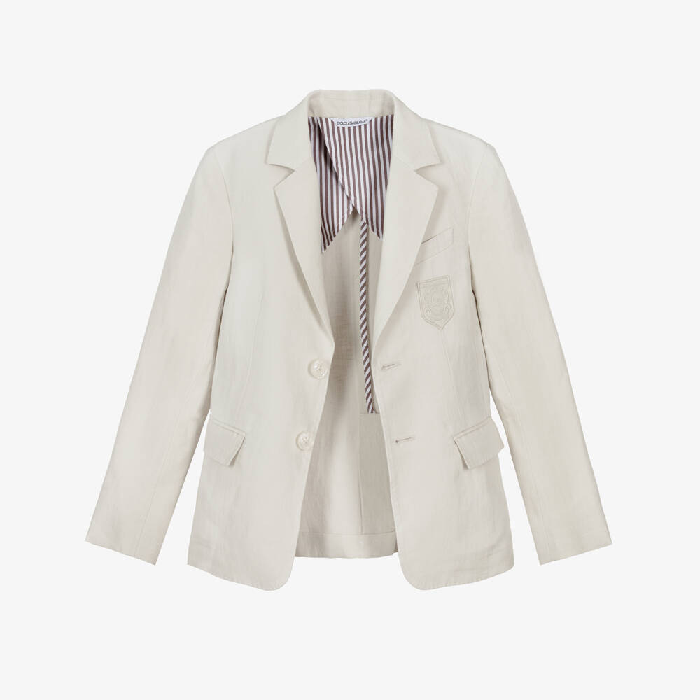 Dolce & Gabbana-Boys Beige Linen Blazer with DG Logo Crest | Childrensalon