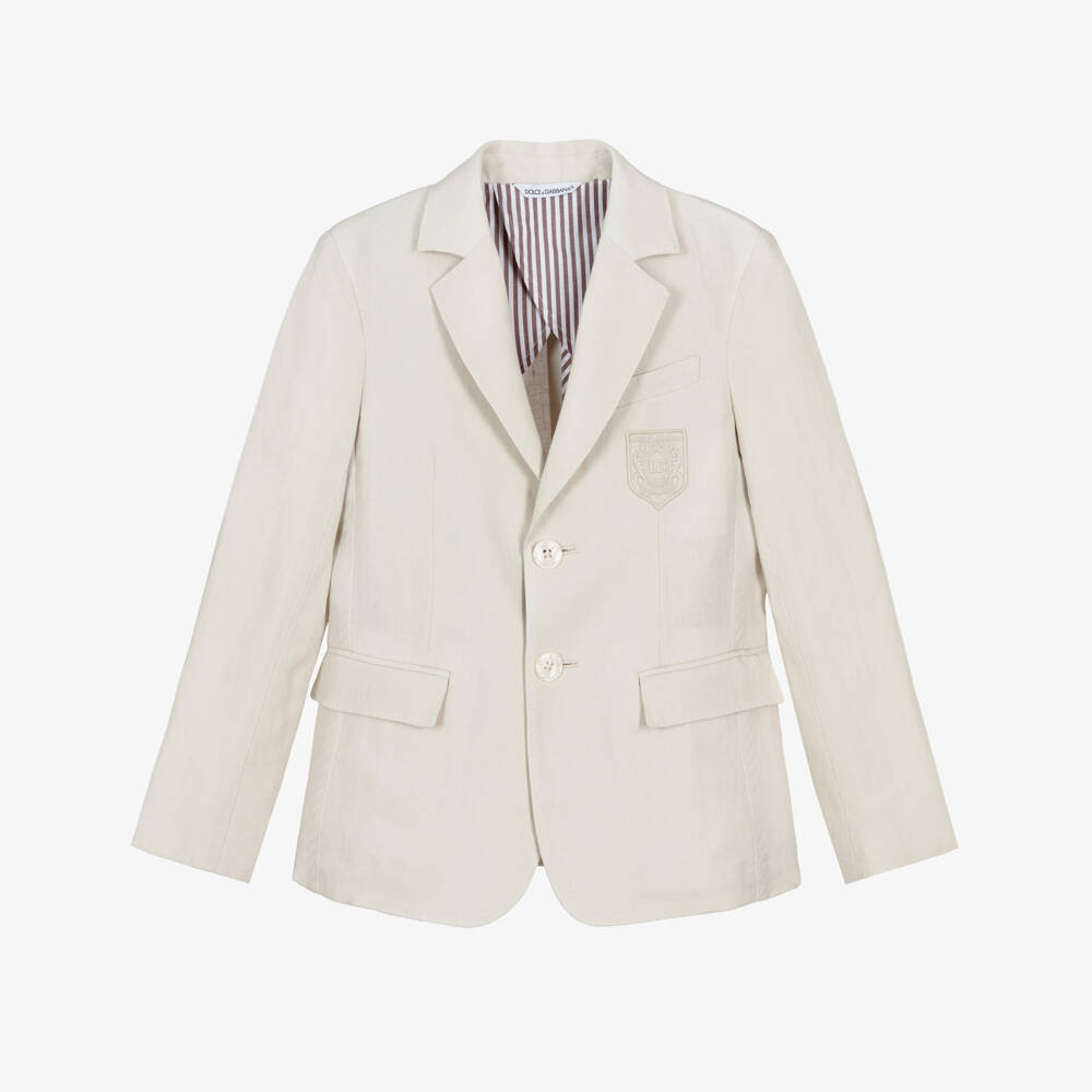 Dolce & Gabbana-Boys Beige Linen Blazer with DG Logo Crest | Childrensalon