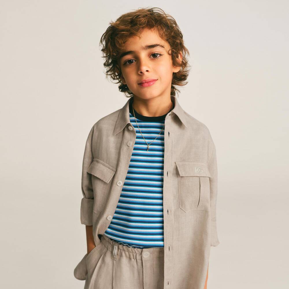 Dolce & Gabbana-Boys Beige Linen Shirt with DG Embroidery | Childrensalon