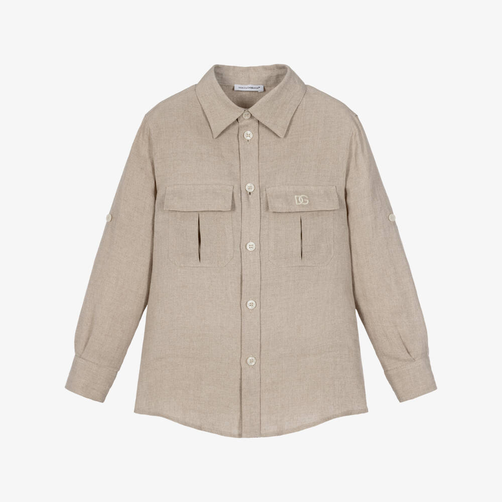 Dolce & Gabbana-Boys Beige Linen Shirt with DG Embroidery | Childrensalon