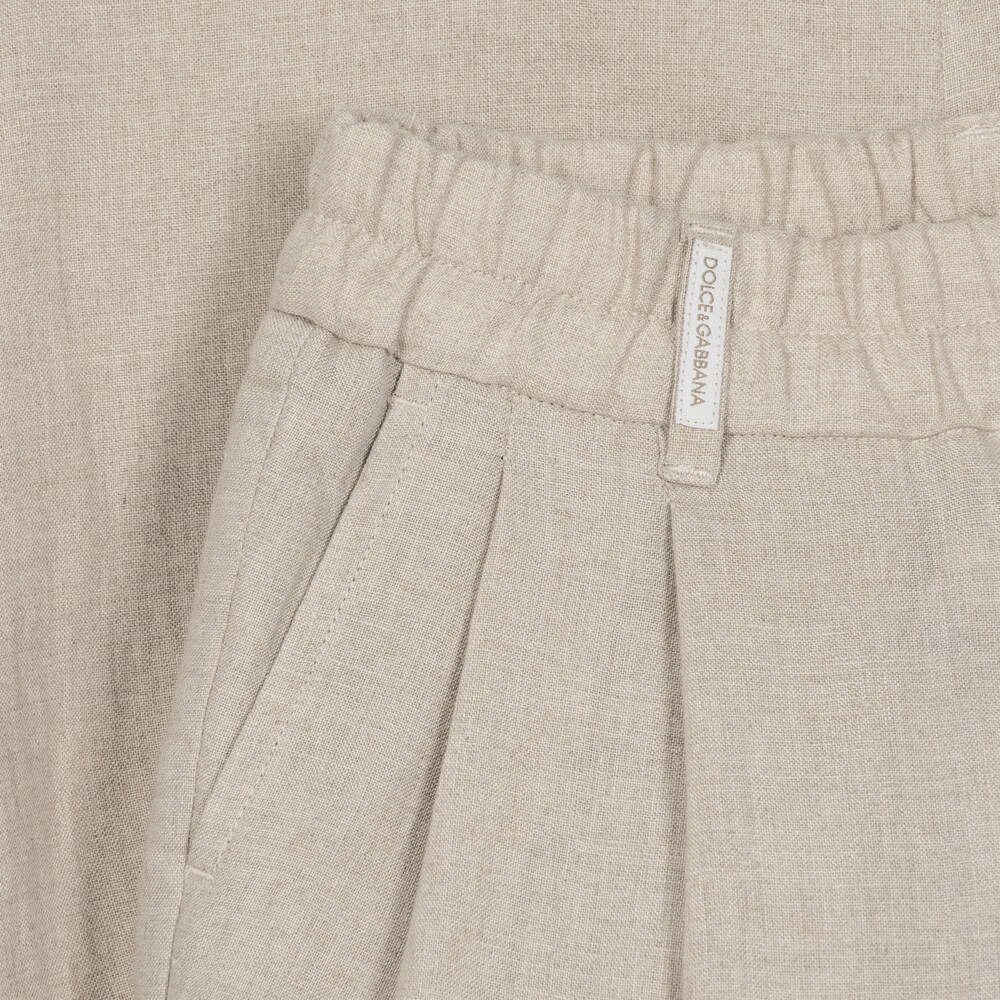 Dolce & Gabbana-Boys Beige Linen Trousers with DG Embroidery | Childrensalon