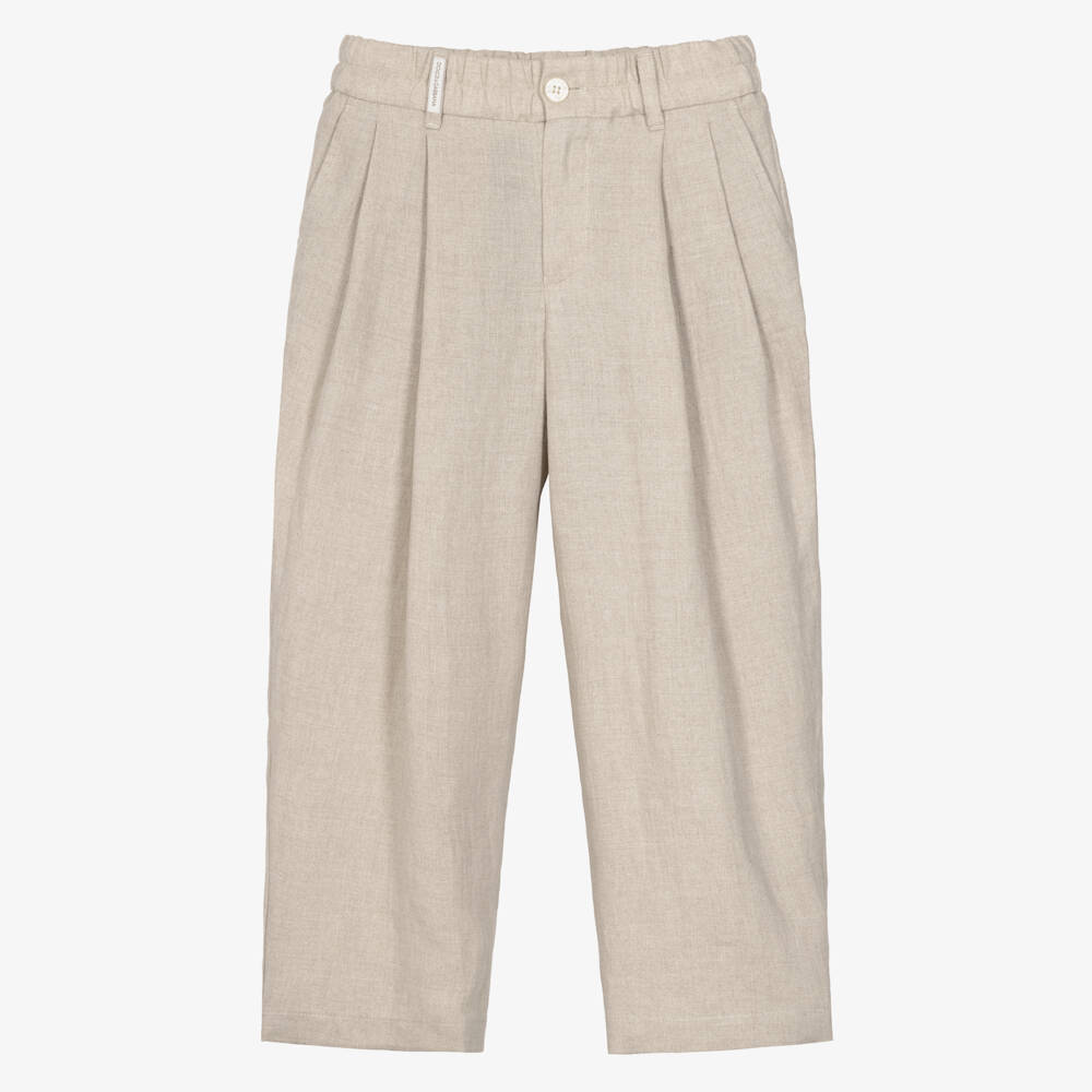 Dolce & Gabbana-Boys Beige Linen Trousers with DG Embroidery | Childrensalon