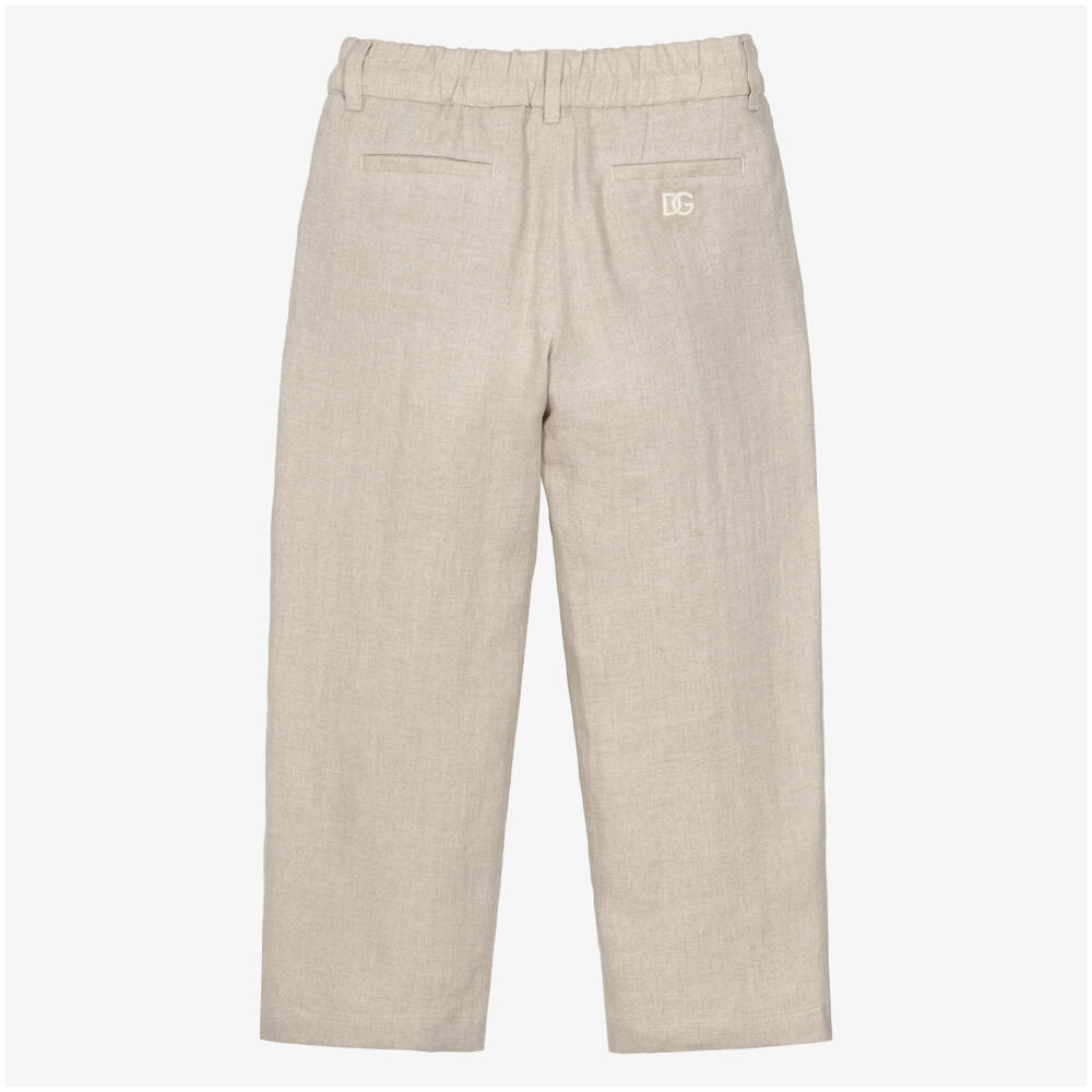 Dolce & Gabbana-Boys Beige Linen Trousers with DG Embroidery | Childrensalon
