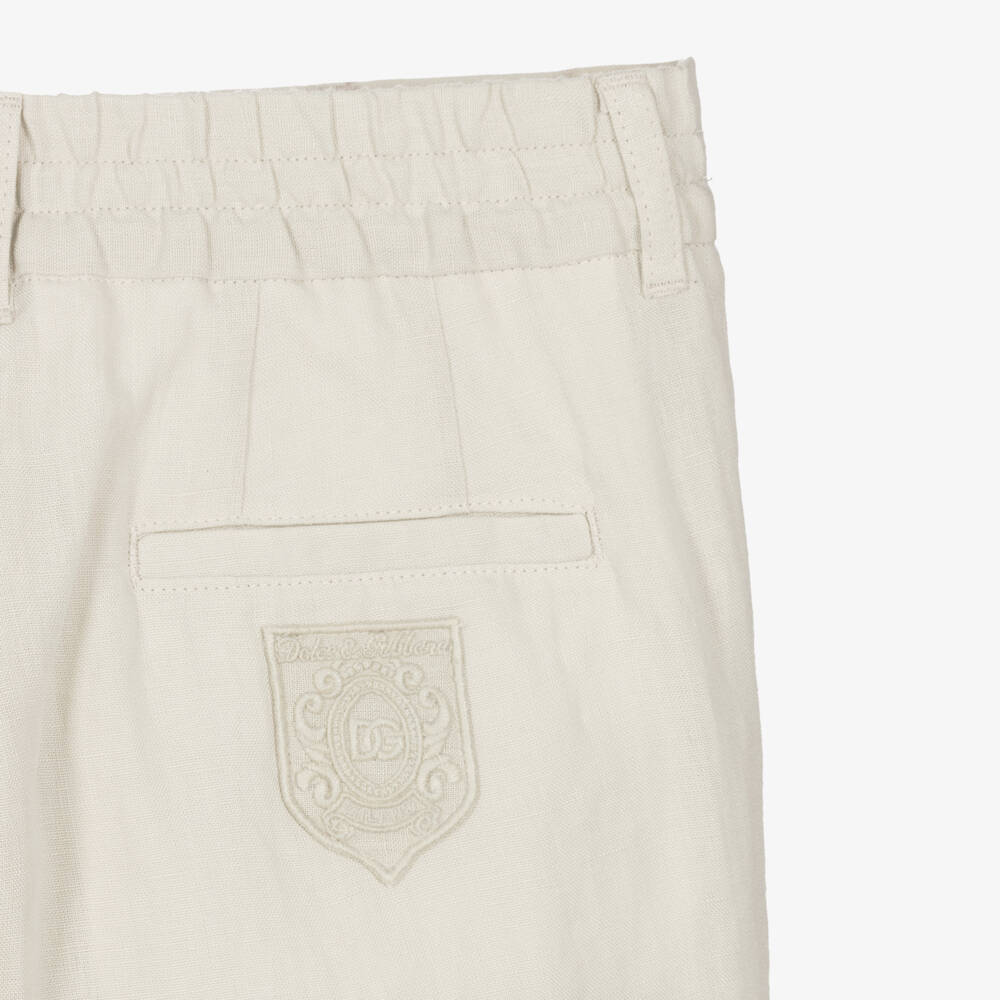 Dolce & Gabbana-Boys Beige Linen Trousers with DG Logo Crest | Childrensalon