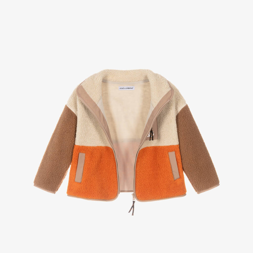Dolce & Gabbana-Boys Beige & Orange Sherpa Fleece Jacket with DG Logo | Childrensalon