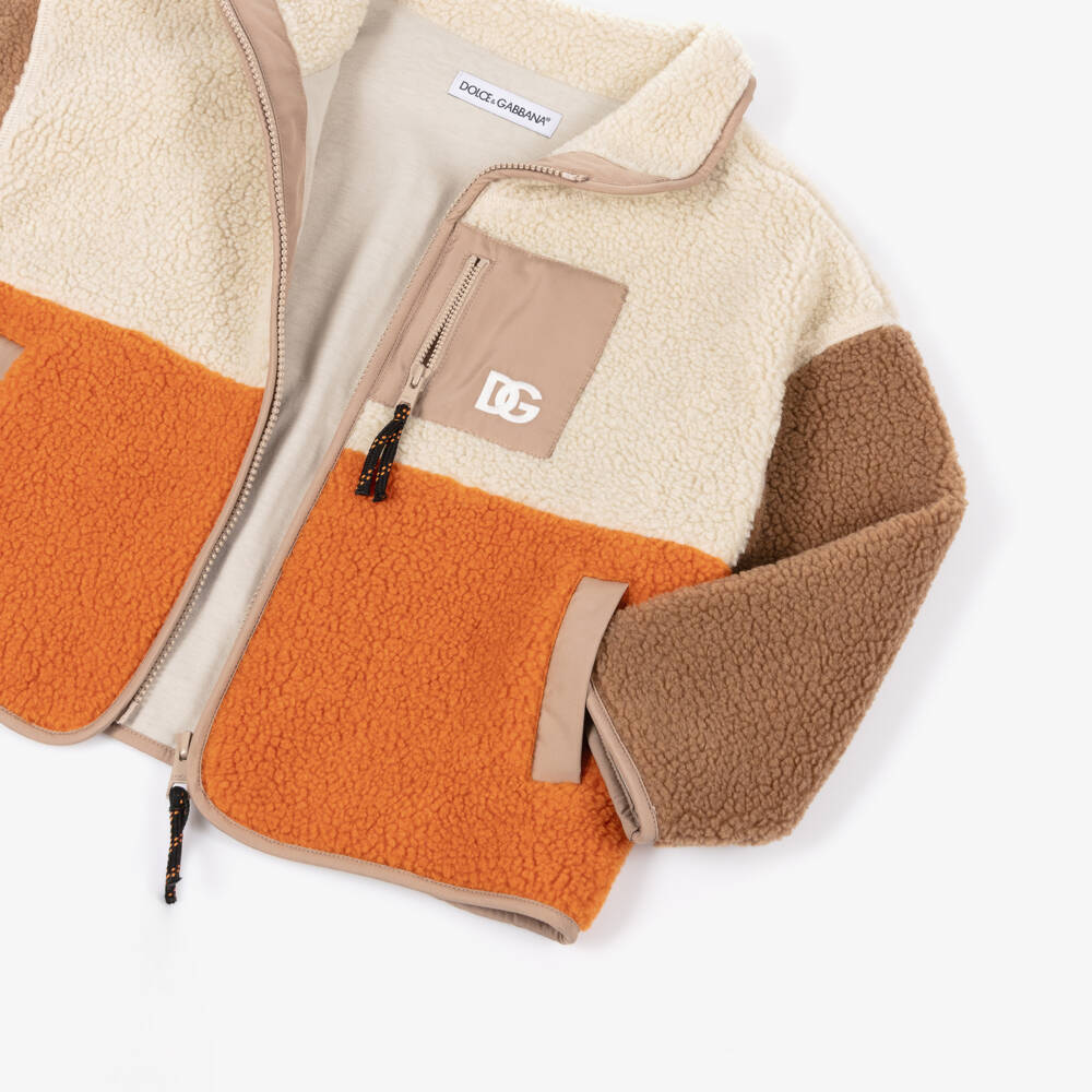 Dolce & Gabbana-Boys Beige & Orange Sherpa Fleece Jacket with DG Logo | Childrensalon