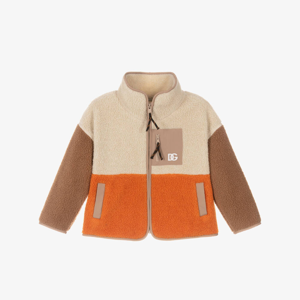 Dolce & Gabbana-Boys Beige & Orange Sherpa Fleece Jacket with DG Logo | Childrensalon