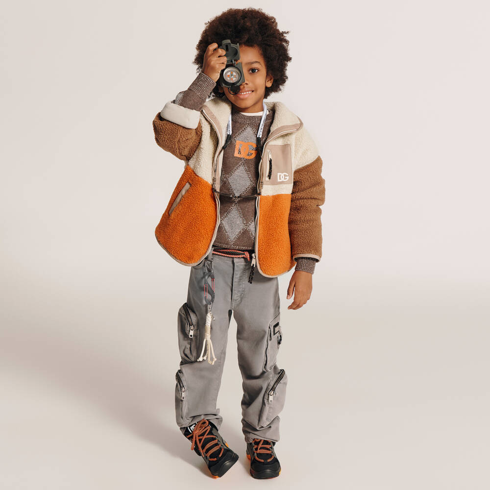Dolce & Gabbana-Boys Beige & Orange Sherpa Fleece Jacket with DG Logo | Childrensalon